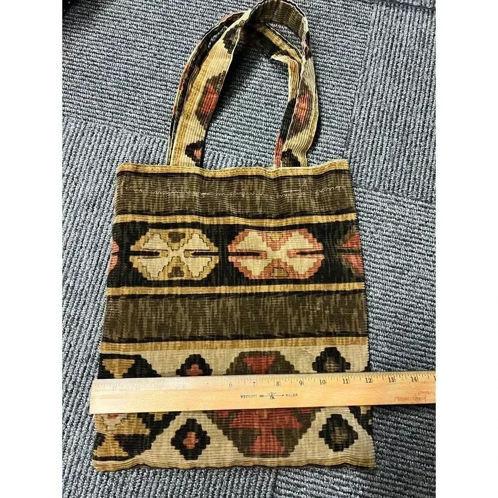 Vintage Ethnic Boho Corduroy Bag with Geometric Pattern in Brown  and Rust Color - Picture 3 of 6